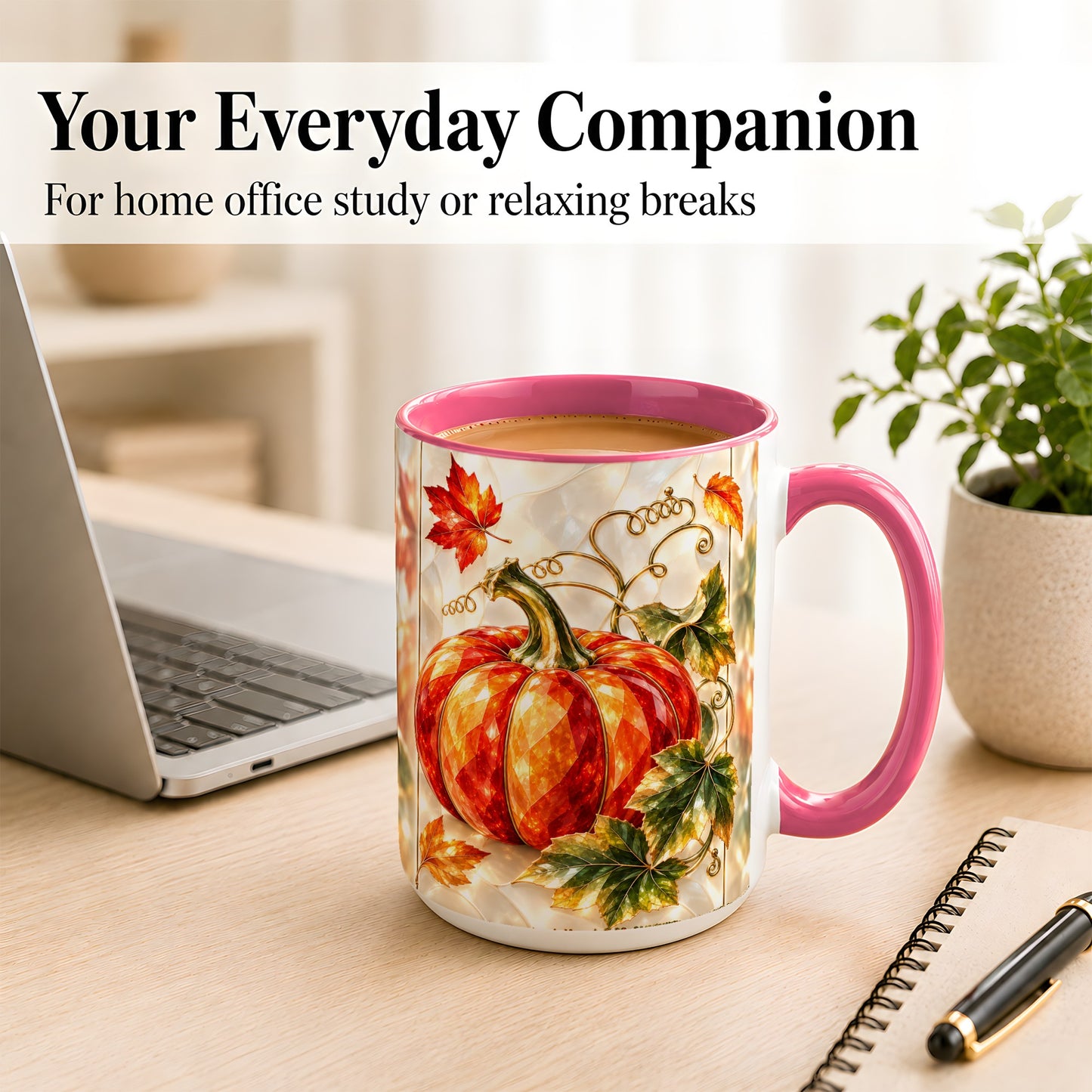 #pl[15oz|Pink] Stained Glass Pumpkin Coffee Mug, Autumn Harvest Mug, Ceramic Cup