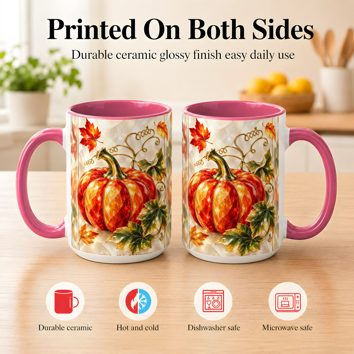 #pl[15oz|Pink] Stained Glass Pumpkin Coffee Mug, Autumn Harvest Mug, Ceramic Cup