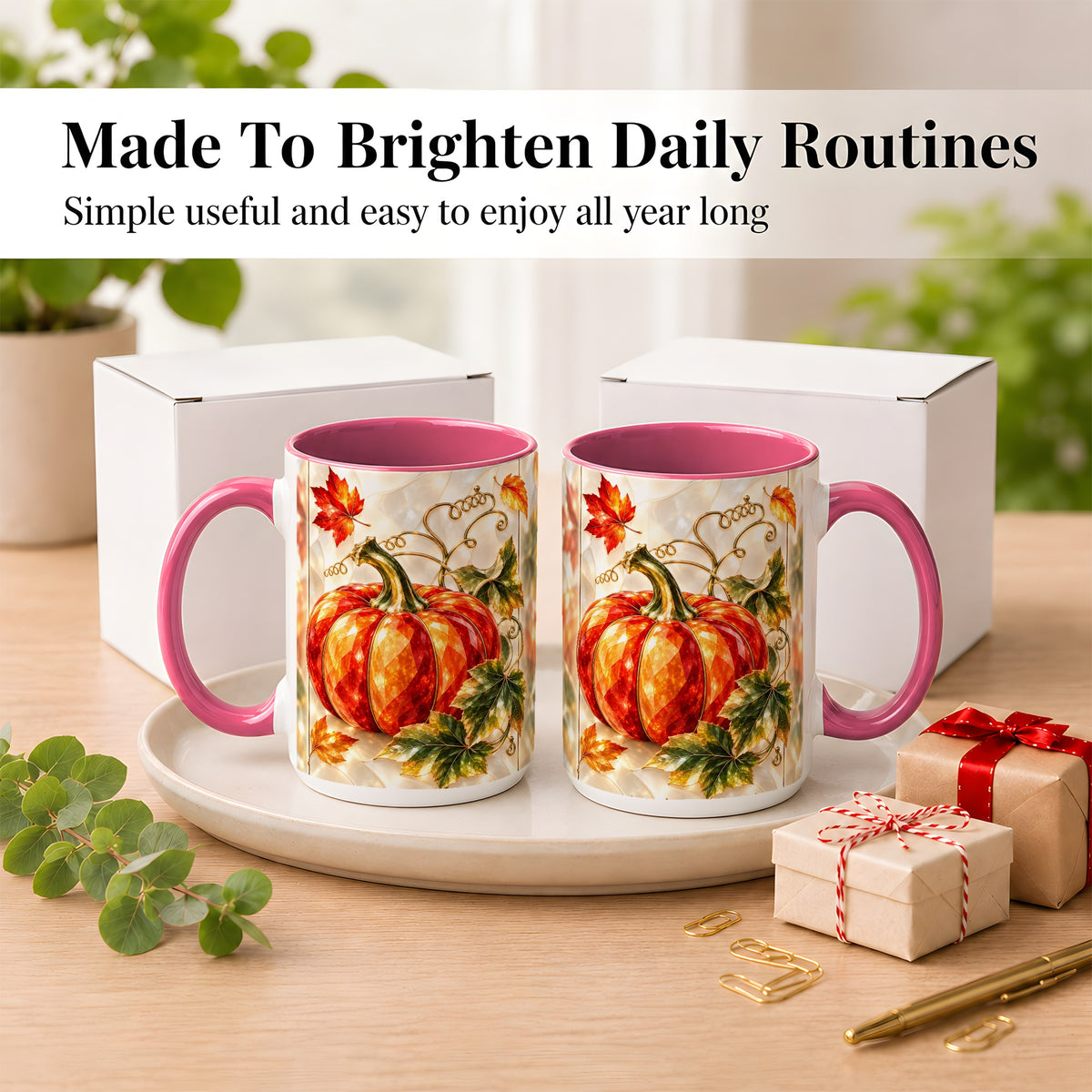 #pl[15oz|Pink] Stained Glass Pumpkin Coffee Mug, Autumn Harvest Mug, Ceramic Cup