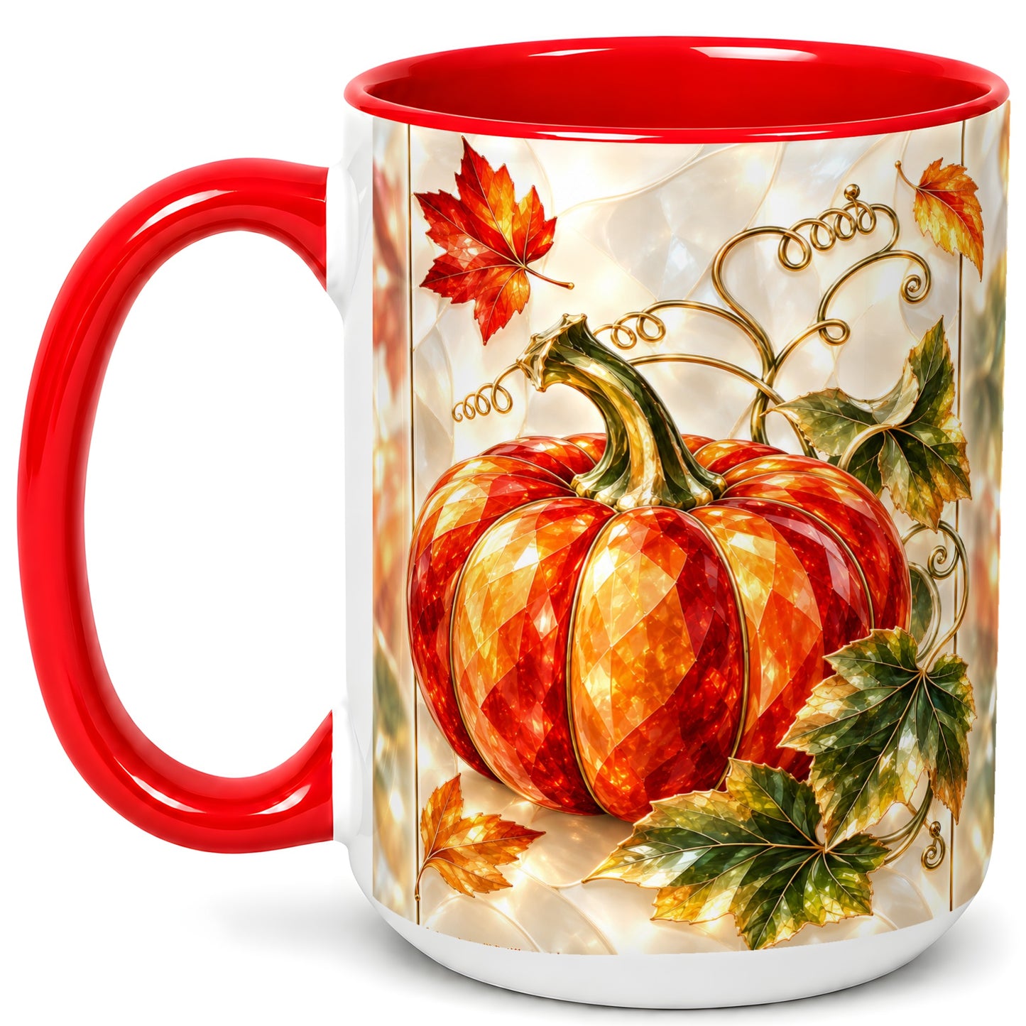 #pl[15oz|Red] Stained Glass Pumpkin Coffee Mug, Autumn Harvest Mug, Ceramic Cup