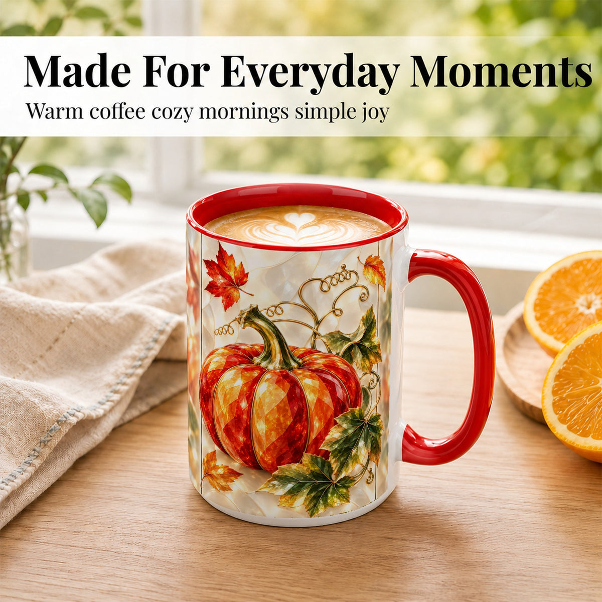 #pl[15oz|Red] Stained Glass Pumpkin Coffee Mug, Autumn Harvest Mug, Ceramic Cup