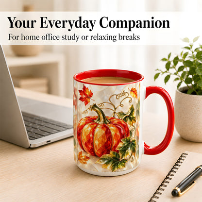 #pl[15oz|Red] Stained Glass Pumpkin Coffee Mug, Autumn Harvest Mug, Ceramic Cup