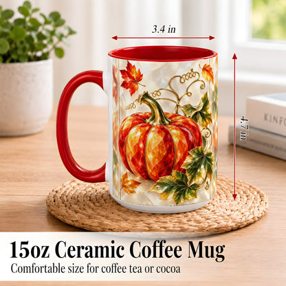 #pl[15oz|Red] Stained Glass Pumpkin Coffee Mug, Autumn Harvest Mug, Ceramic Cup