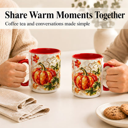 #pl[15oz|Red] Stained Glass Pumpkin Coffee Mug, Autumn Harvest Mug, Ceramic Cup