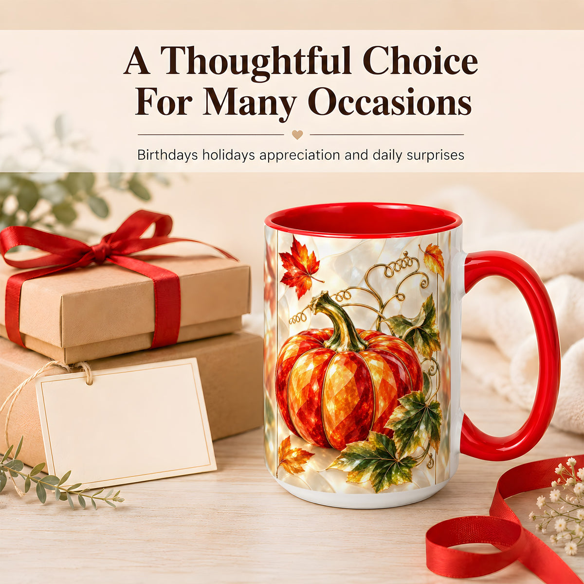 #pl[15oz|Red] Stained Glass Pumpkin Coffee Mug, Autumn Harvest Mug, Ceramic Cup