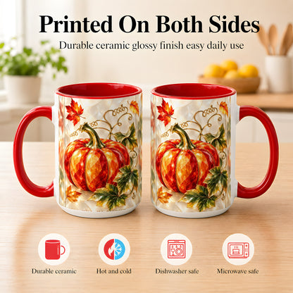 #pl[15oz|Red] Stained Glass Pumpkin Coffee Mug, Autumn Harvest Mug, Ceramic Cup