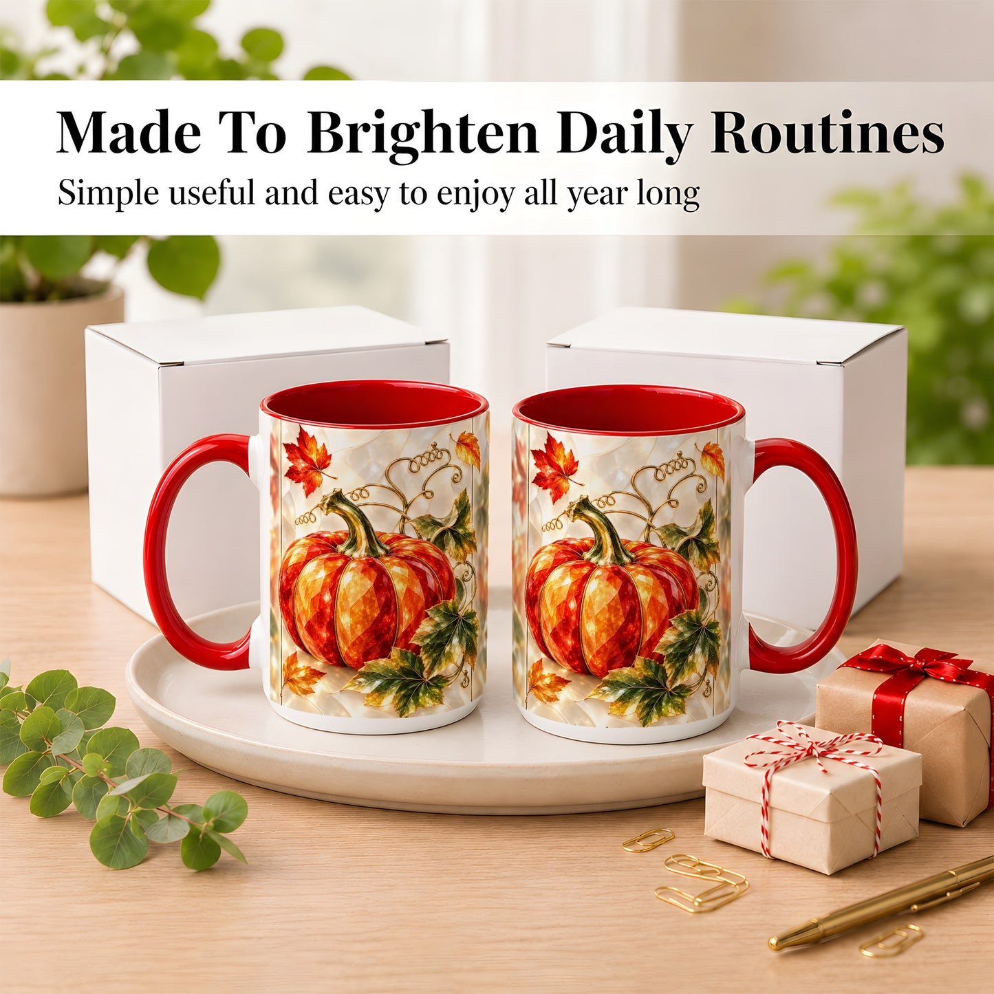 #pl[15oz|Red] Stained Glass Pumpkin Coffee Mug, Autumn Harvest Mug, Ceramic Cup