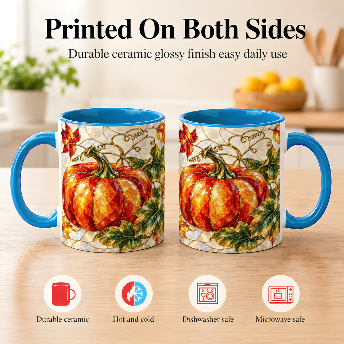 #pl[11oz|Blue] Mosaic Pumpkin Coffee Mug, Autumn Harvest Mug, Ceramic Cup