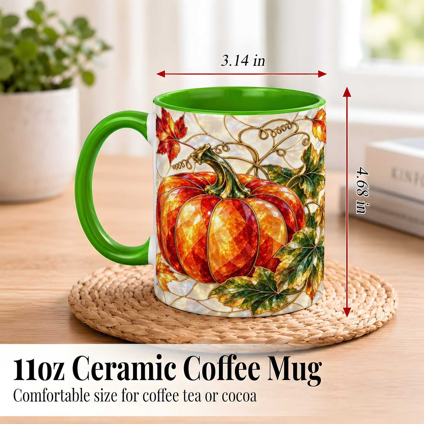 #pl[11oz|Green] Mosaic Pumpkin Coffee Mug, Autumn Harvest Mug, Ceramic Cup