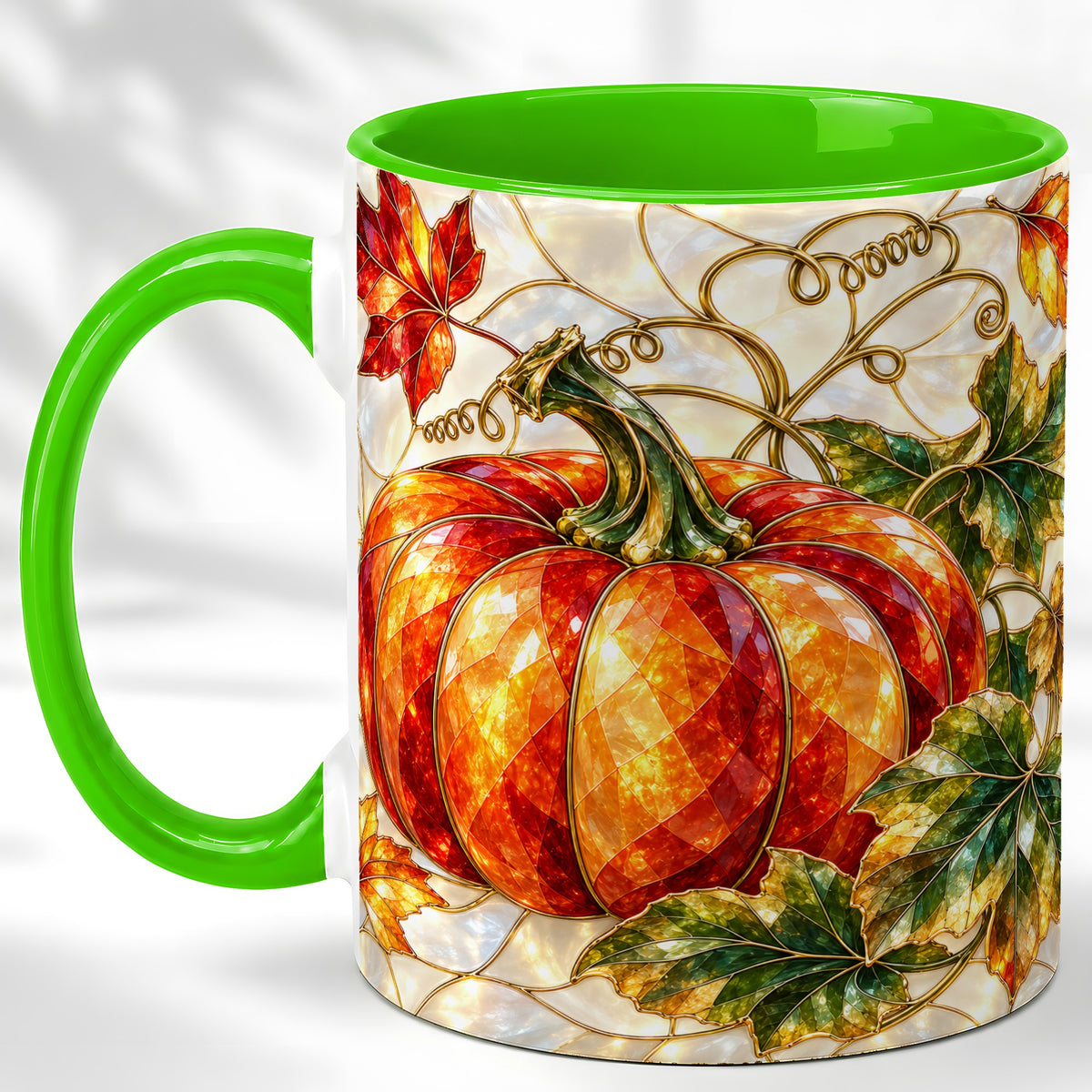 #pl[11oz|Green] Mosaic Pumpkin Coffee Mug, Autumn Harvest Mug, Ceramic Cup