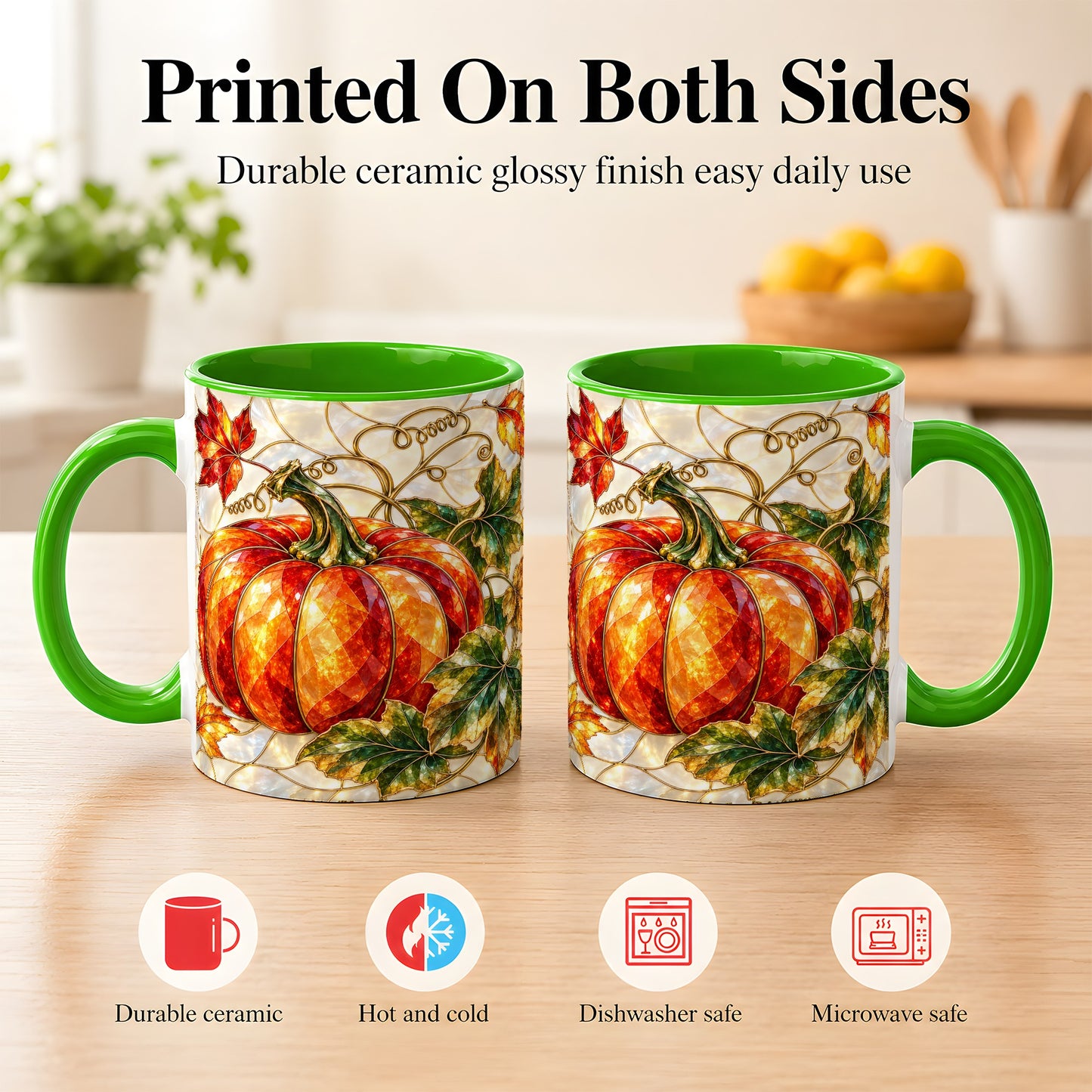 #pl[11oz|Green] Mosaic Pumpkin Coffee Mug, Autumn Harvest Mug, Ceramic Cup
