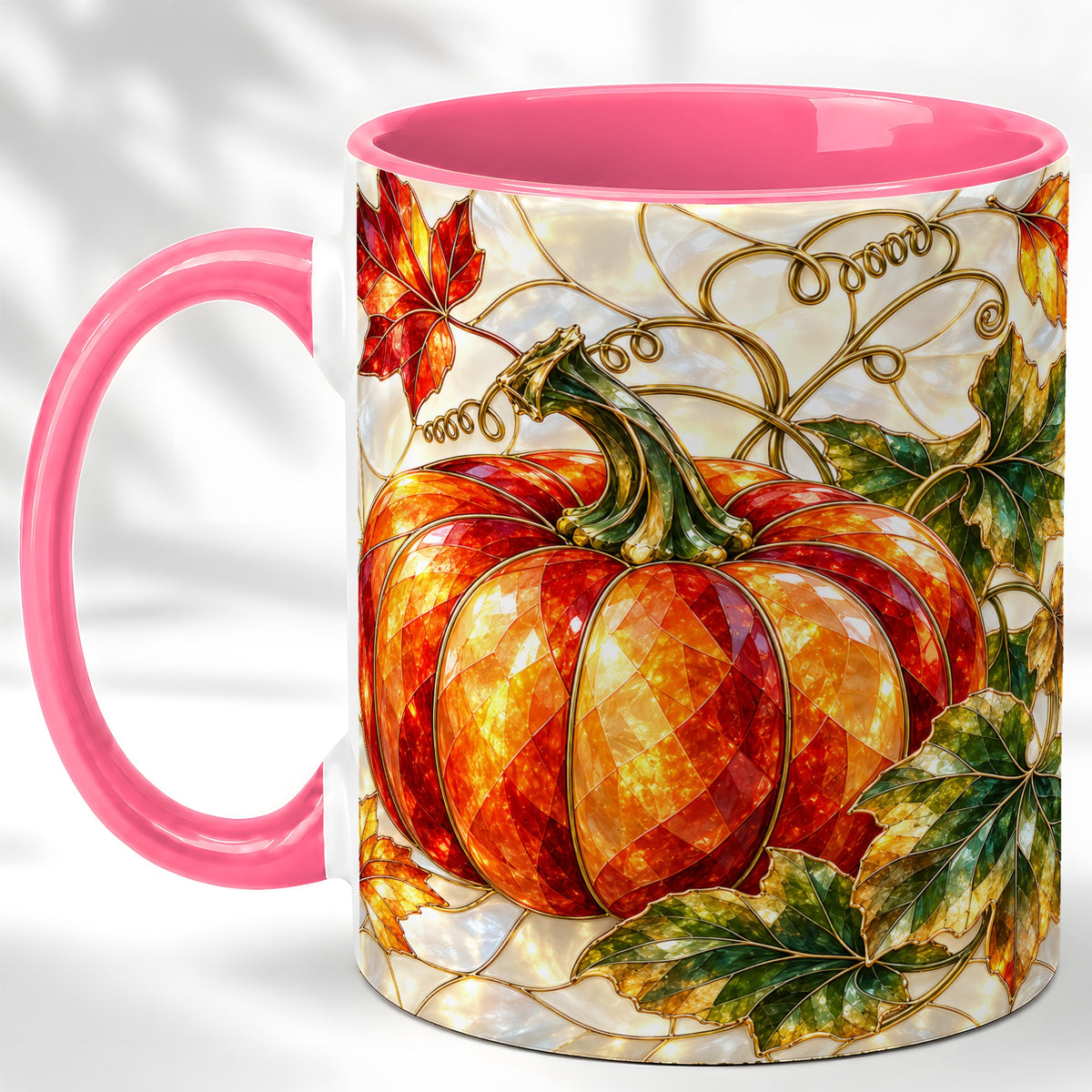 #pl[11oz|Pink] Mosaic Pumpkin Coffee Mug, Autumn Harvest Mug, Ceramic Cup