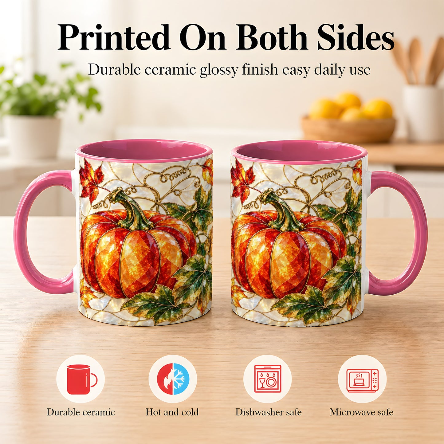 #pl[11oz|Pink] Mosaic Pumpkin Coffee Mug, Autumn Harvest Mug, Ceramic Cup