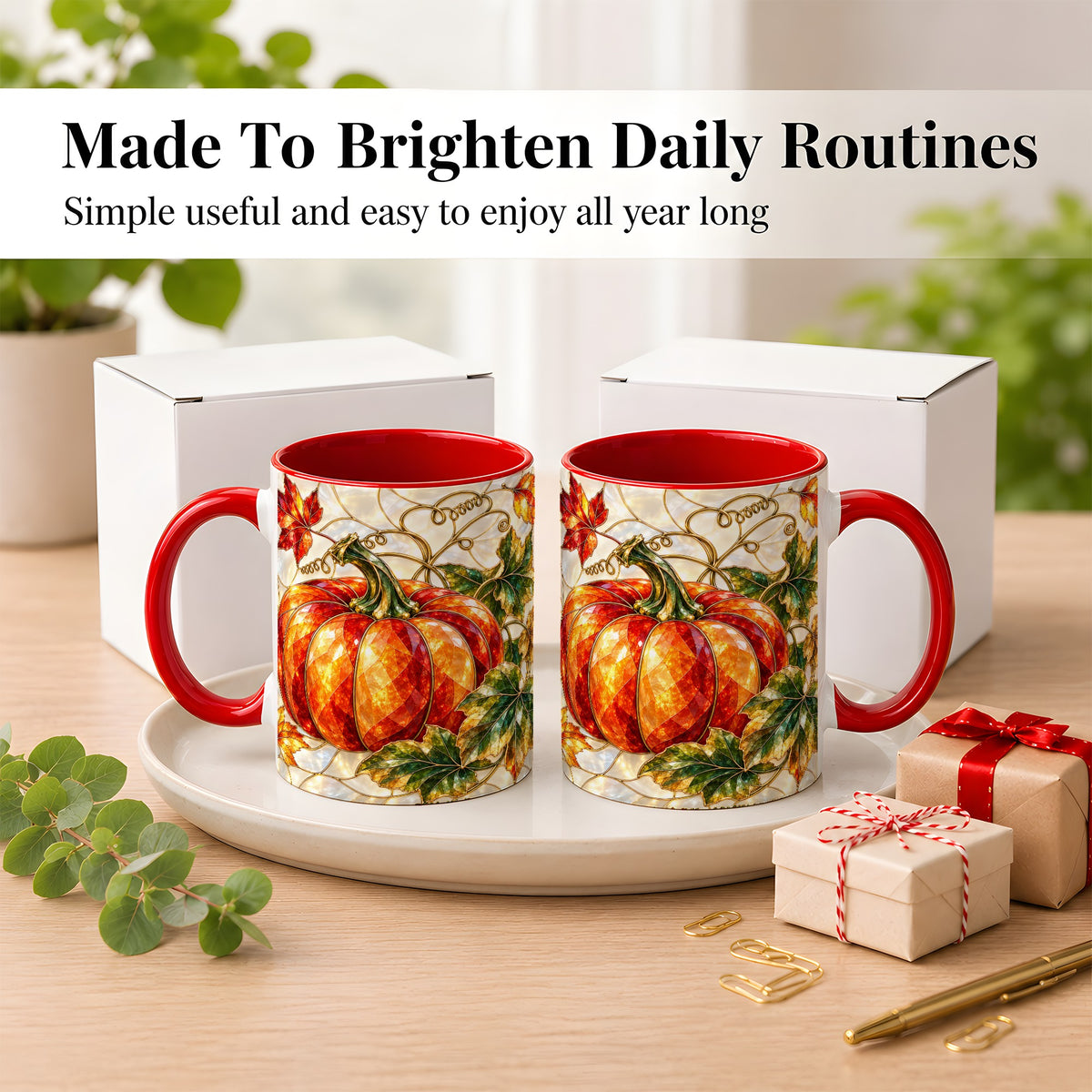 #pl[11oz|Red] Mosaic Pumpkin Coffee Mug, Autumn Harvest Mug, Ceramic Cup