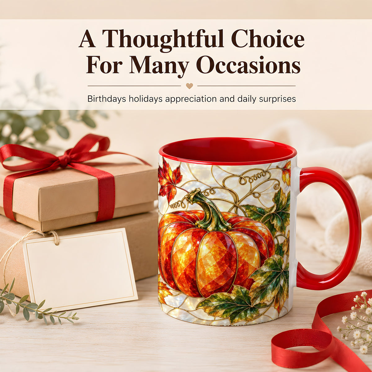 #pl[11oz|Red] Mosaic Pumpkin Coffee Mug, Autumn Harvest Mug, Ceramic Cup