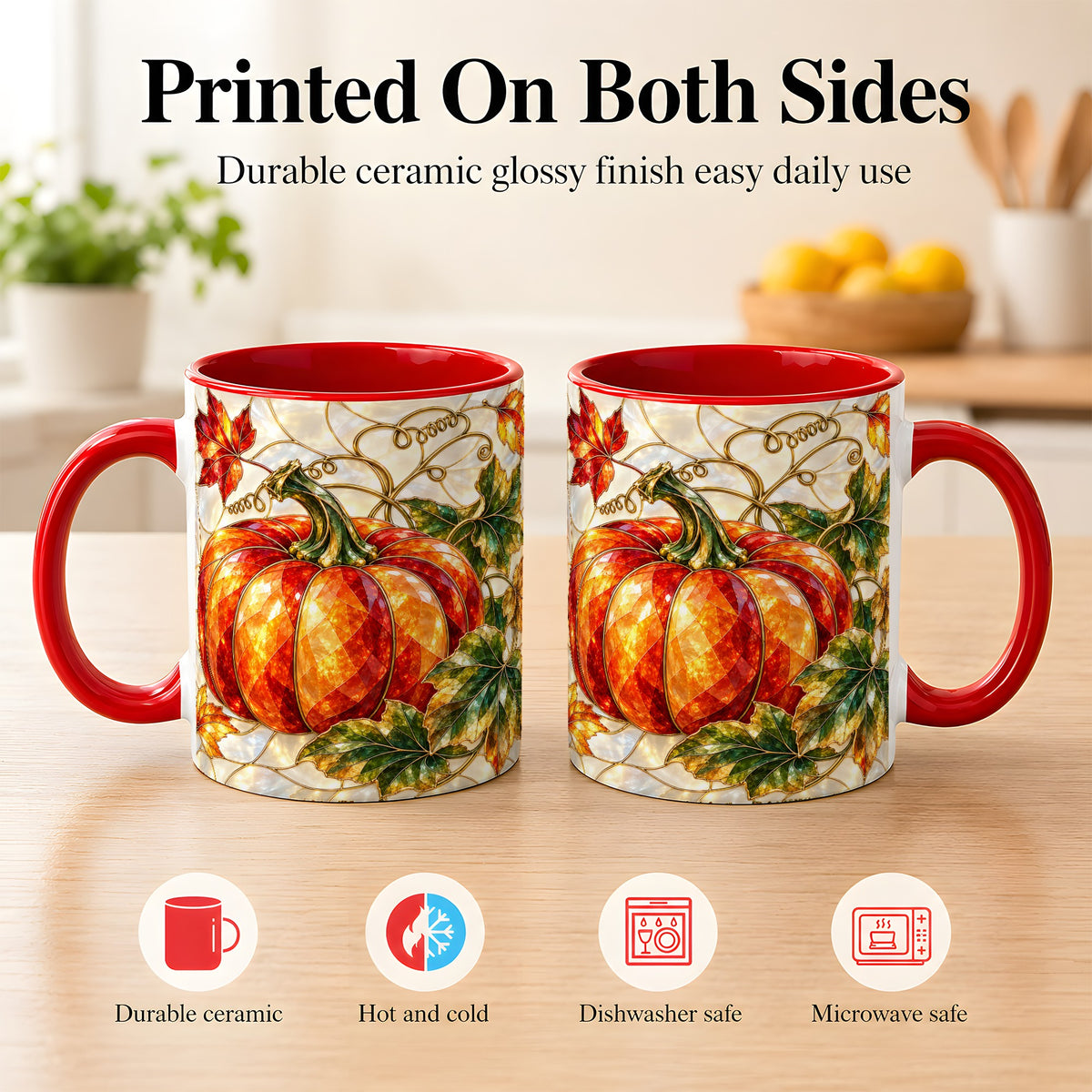 #pl[11oz|Red] Mosaic Pumpkin Coffee Mug, Autumn Harvest Mug, Ceramic Cup