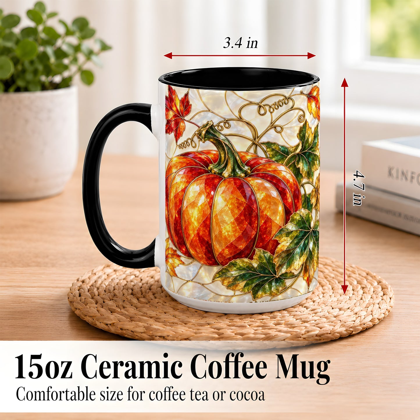 #pl[15oz|Black] Mosaic Pumpkin Coffee Mug, Autumn Harvest Mug, Ceramic Cup