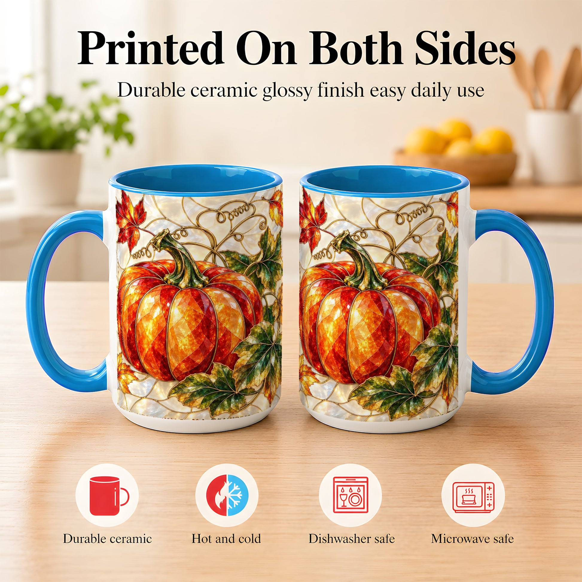 #pl[15oz|Blue] Mosaic Pumpkin Coffee Mug, Autumn Harvest Mug, Ceramic Cup