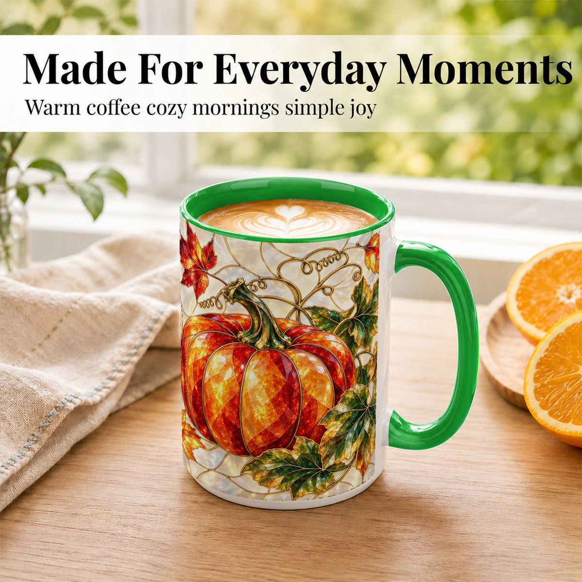 #pl[15oz|Green] Mosaic Pumpkin Coffee Mug, Autumn Harvest Mug, Ceramic Cup
