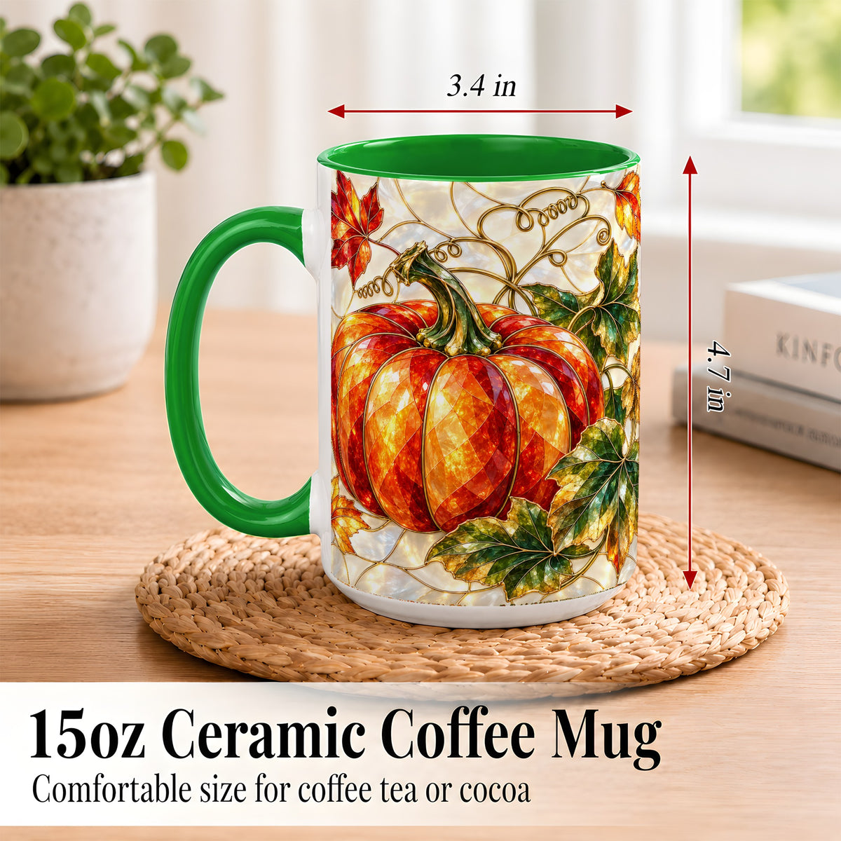 #pl[15oz|Green] Mosaic Pumpkin Coffee Mug, Autumn Harvest Mug, Ceramic Cup