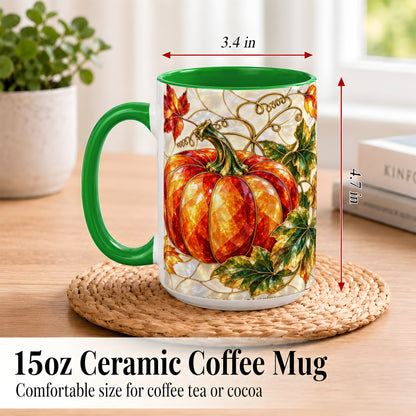 #pl[15oz|Green] Mosaic Pumpkin Coffee Mug, Autumn Harvest Mug, Ceramic Cup