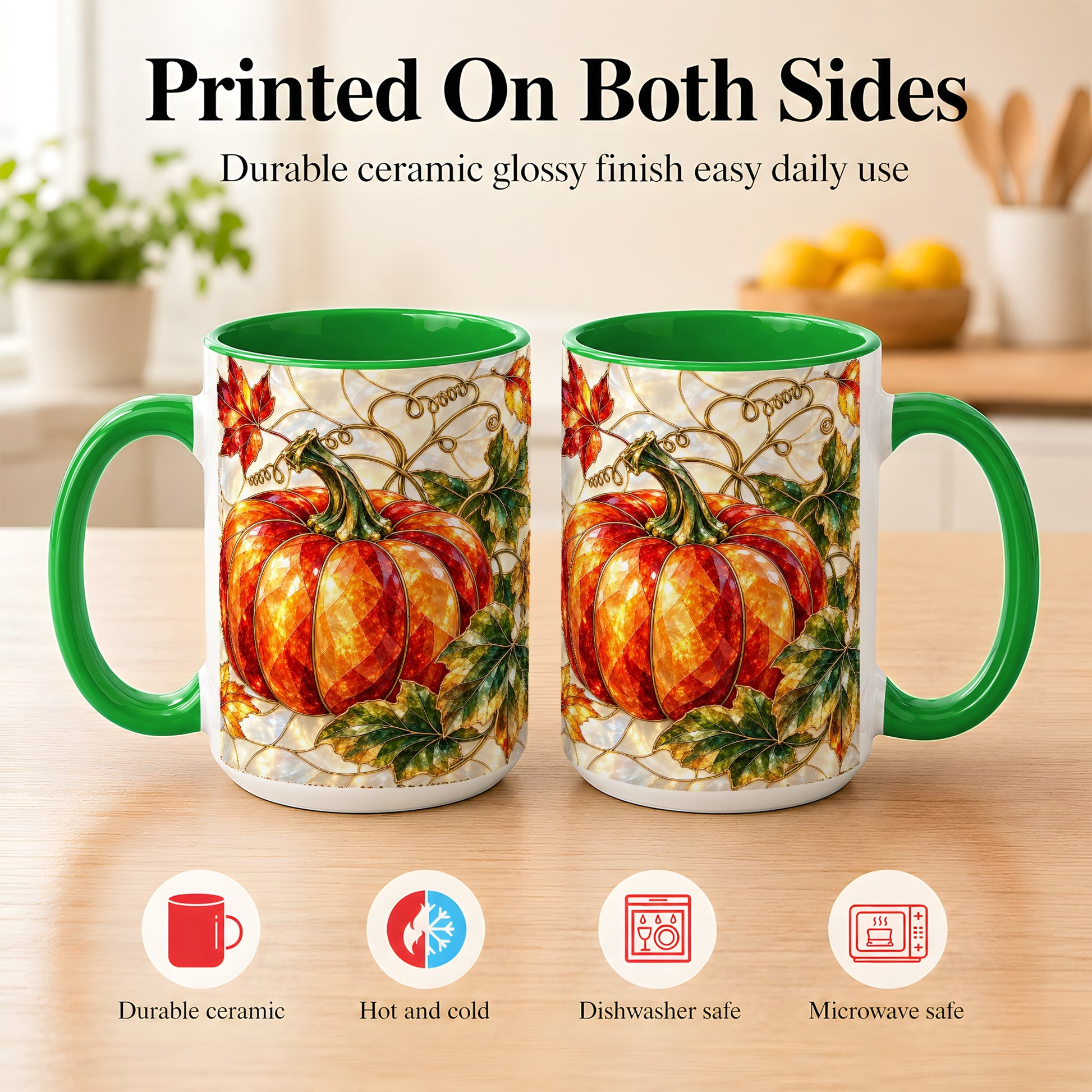 #pl[15oz|Green] Mosaic Pumpkin Coffee Mug, Autumn Harvest Mug, Ceramic Cup