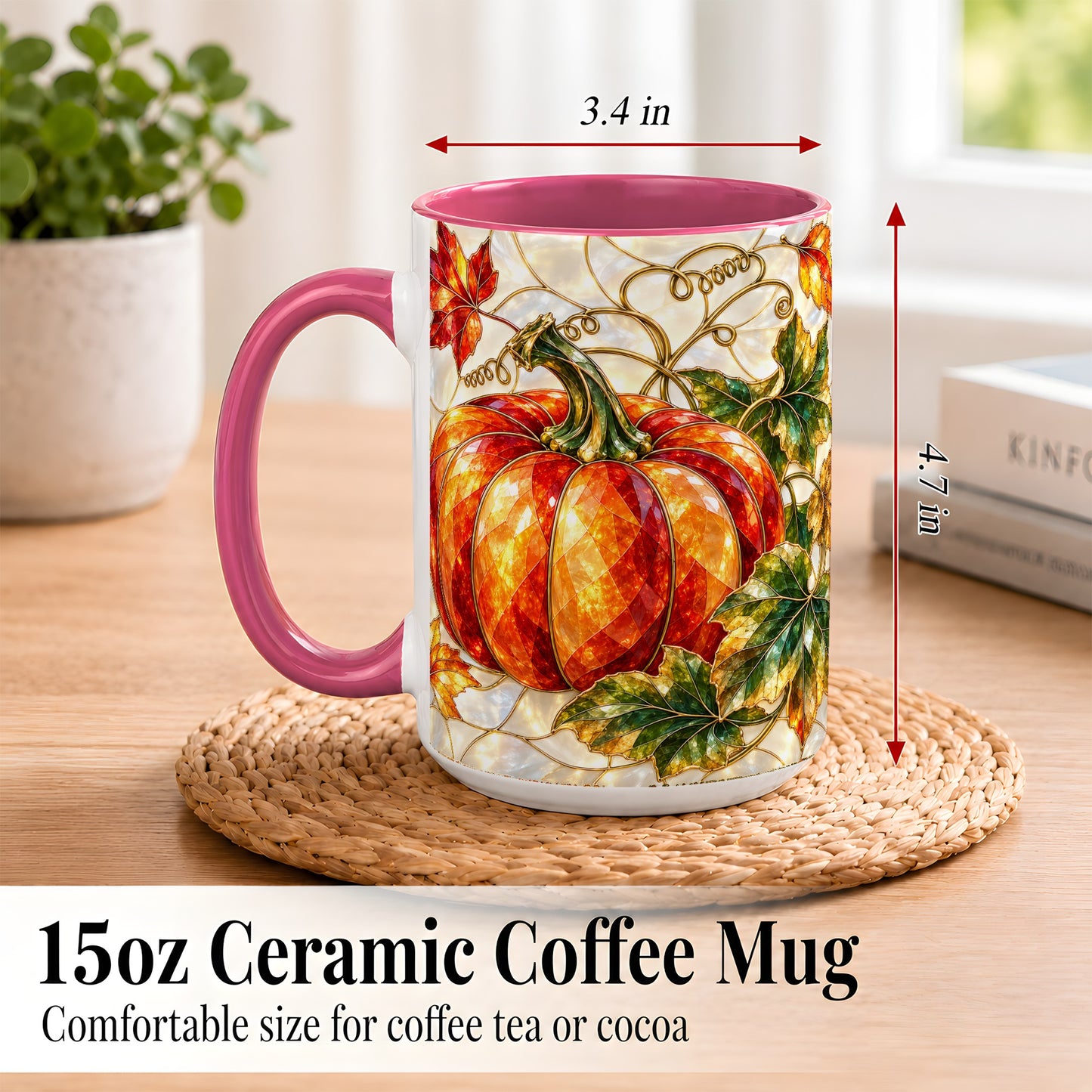 #pl[15oz|Pink] Mosaic Pumpkin Coffee Mug, Autumn Harvest Mug, Ceramic Cup