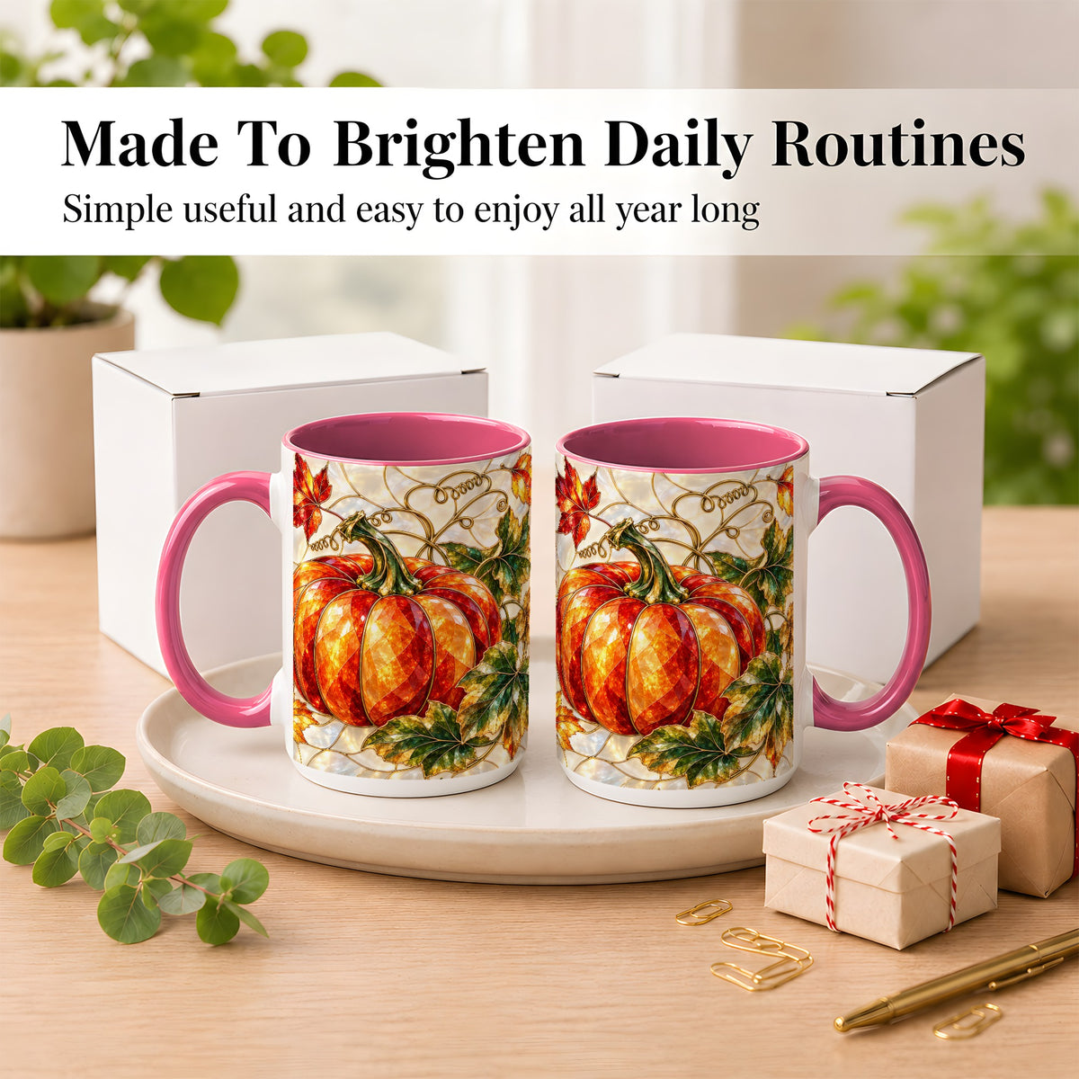 #pl[15oz|Pink] Mosaic Pumpkin Coffee Mug, Autumn Harvest Mug, Ceramic Cup