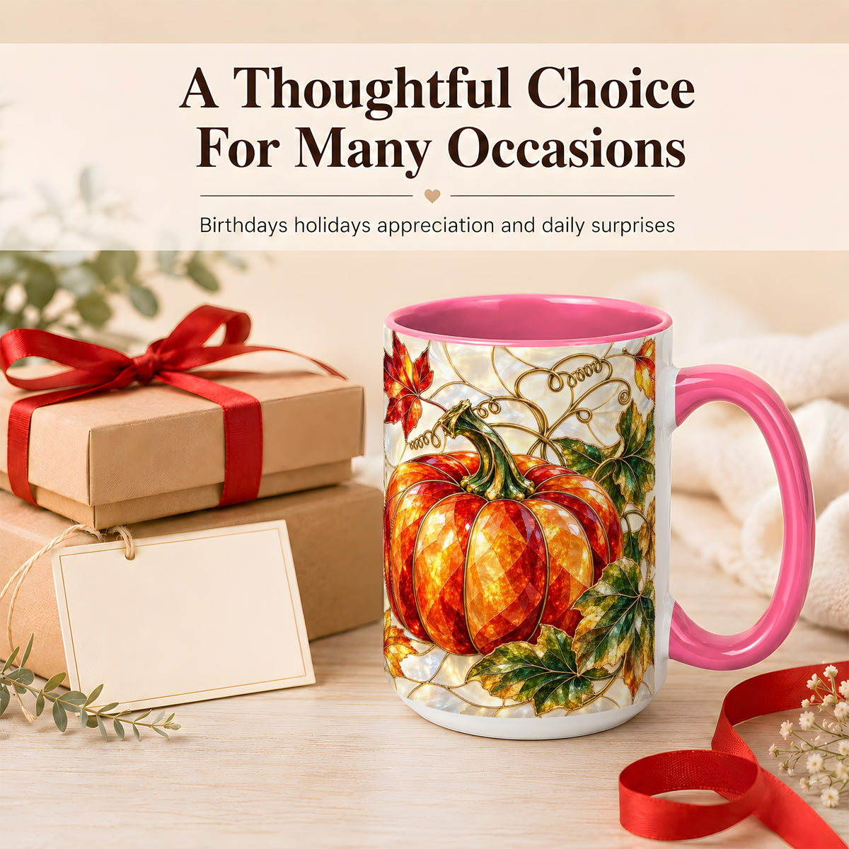 #pl[15oz|Pink] Mosaic Pumpkin Coffee Mug, Autumn Harvest Mug, Ceramic Cup