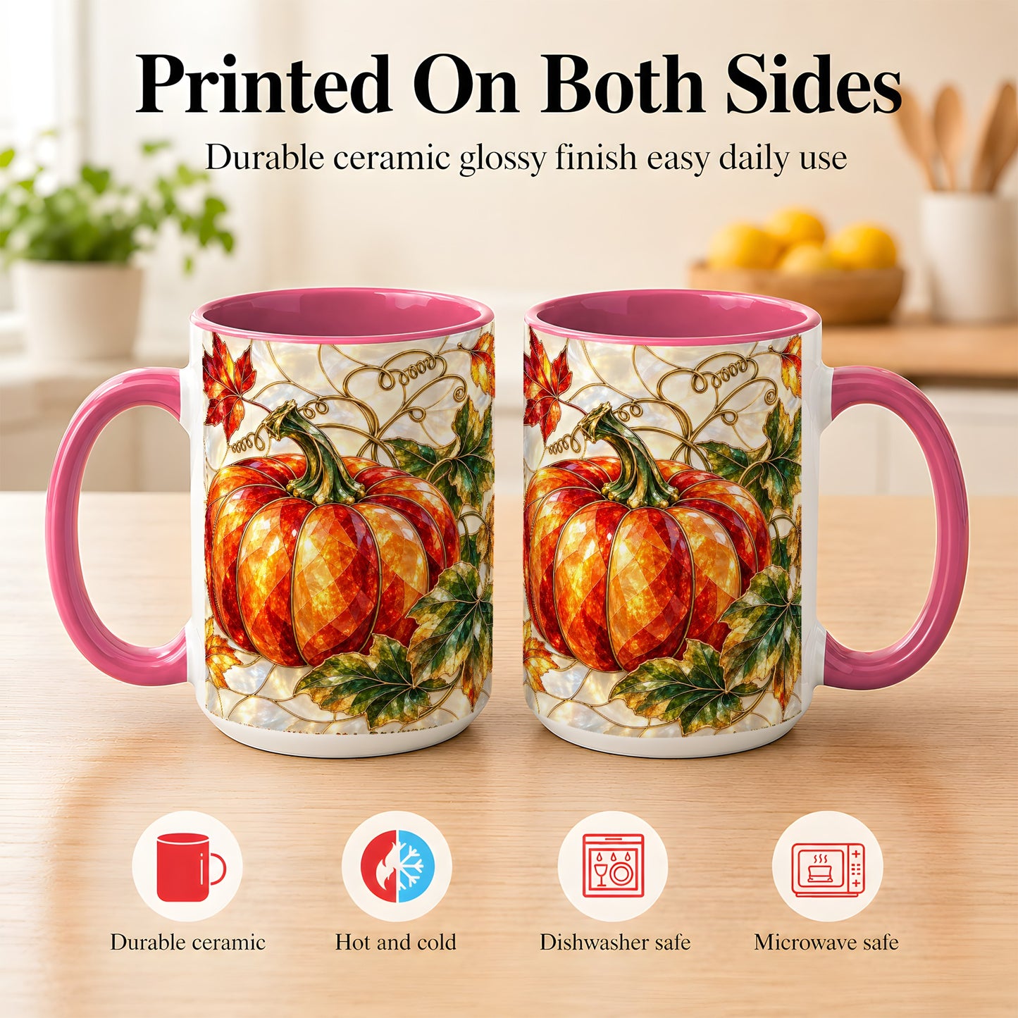 #pl[15oz|Pink] Mosaic Pumpkin Coffee Mug, Autumn Harvest Mug, Ceramic Cup