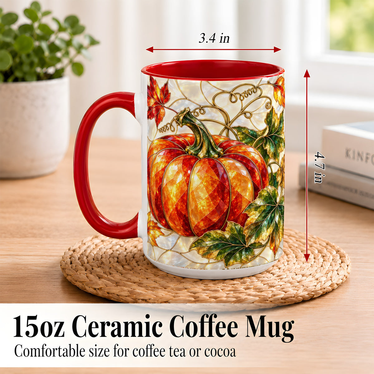 #pl[15oz|Red] Mosaic Pumpkin Coffee Mug, Autumn Harvest Mug, Ceramic Cup