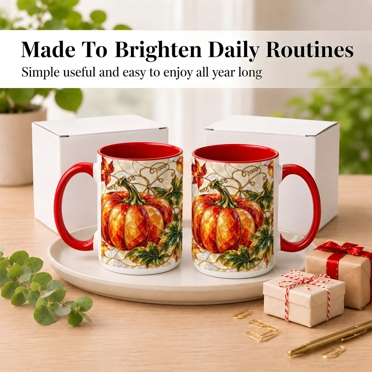 #pl[15oz|Red] Mosaic Pumpkin Coffee Mug, Autumn Harvest Mug, Ceramic Cup