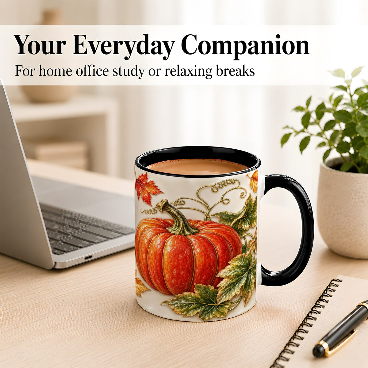 #pl[11oz|Black] Autumn Pumpkin Coffee Mug, Fall Harvest Leaves Mug, Ceramic Cup Decor