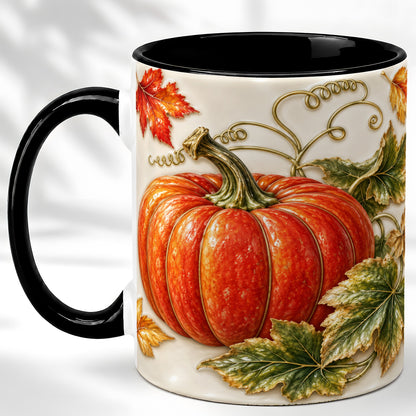 #pl[11oz|Black] Autumn Pumpkin Coffee Mug, Fall Harvest Leaves Mug, Ceramic Cup Decor