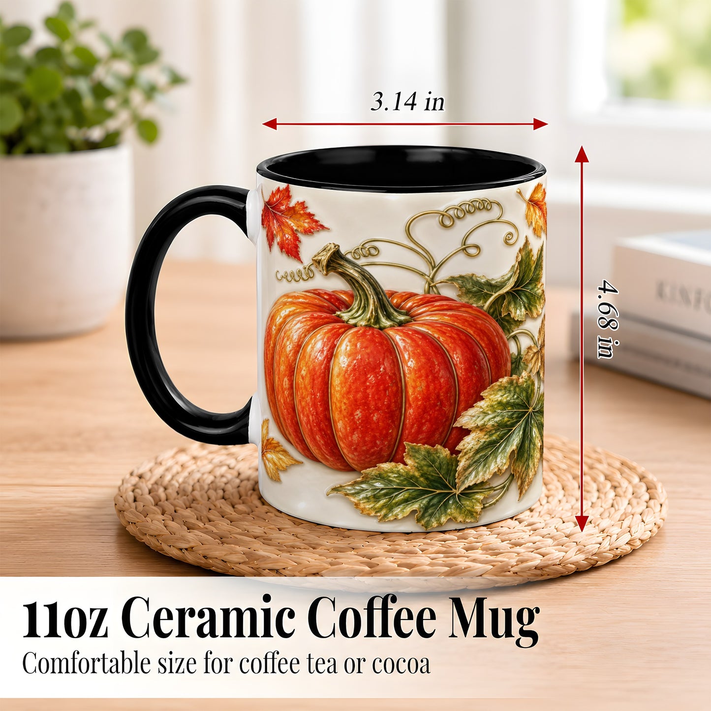 #pl[11oz|Black] Autumn Pumpkin Coffee Mug, Fall Harvest Leaves Mug, Ceramic Cup Decor