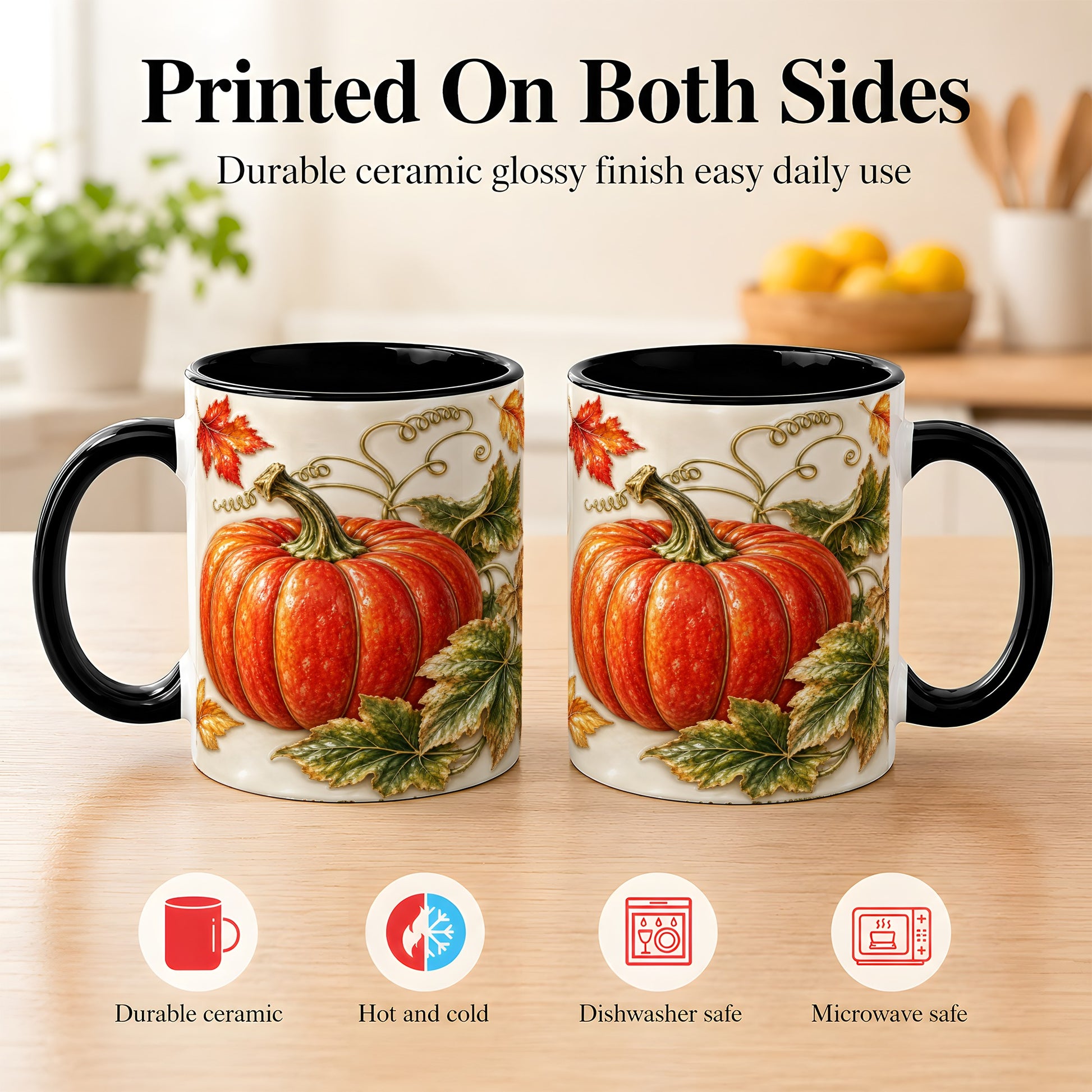#pl[11oz|Black] Autumn Pumpkin Coffee Mug, Fall Harvest Leaves Mug, Ceramic Cup Decor