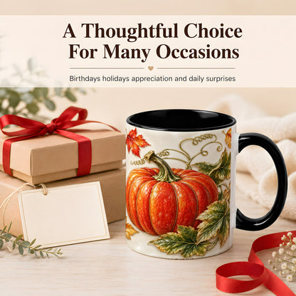 #pl[11oz|Black] Autumn Pumpkin Coffee Mug, Fall Harvest Leaves Mug, Ceramic Cup Decor