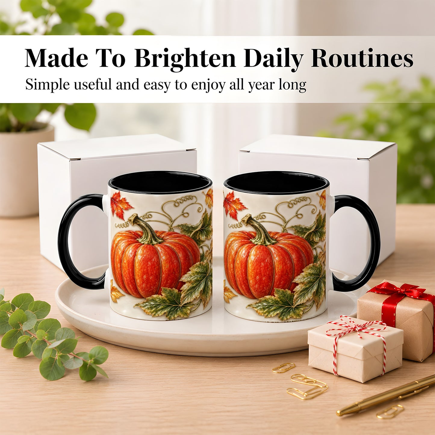 #pl[11oz|Black] Autumn Pumpkin Coffee Mug, Fall Harvest Leaves Mug, Ceramic Cup Decor