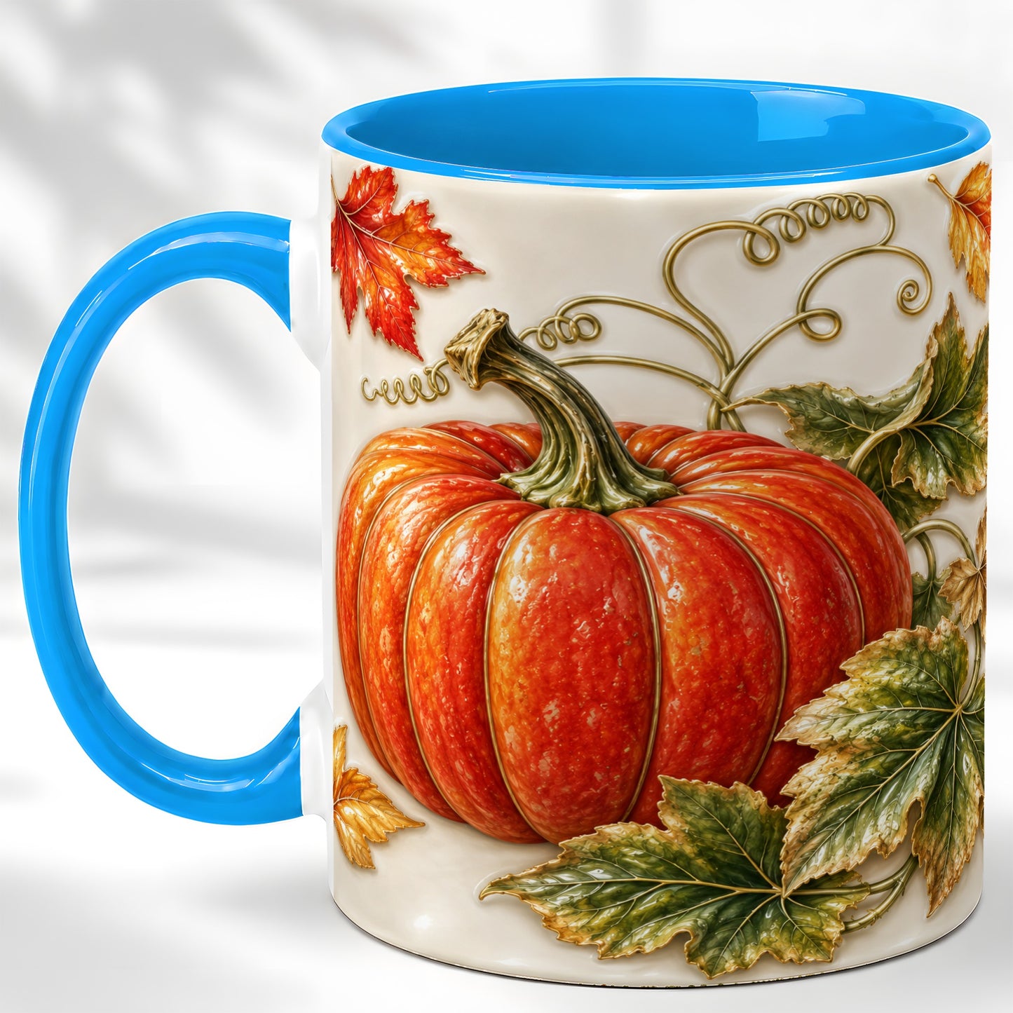 #pl[11oz|Blue] Autumn Pumpkin Coffee Mug, Fall Harvest Leaves Mug, Ceramic Cup Decor