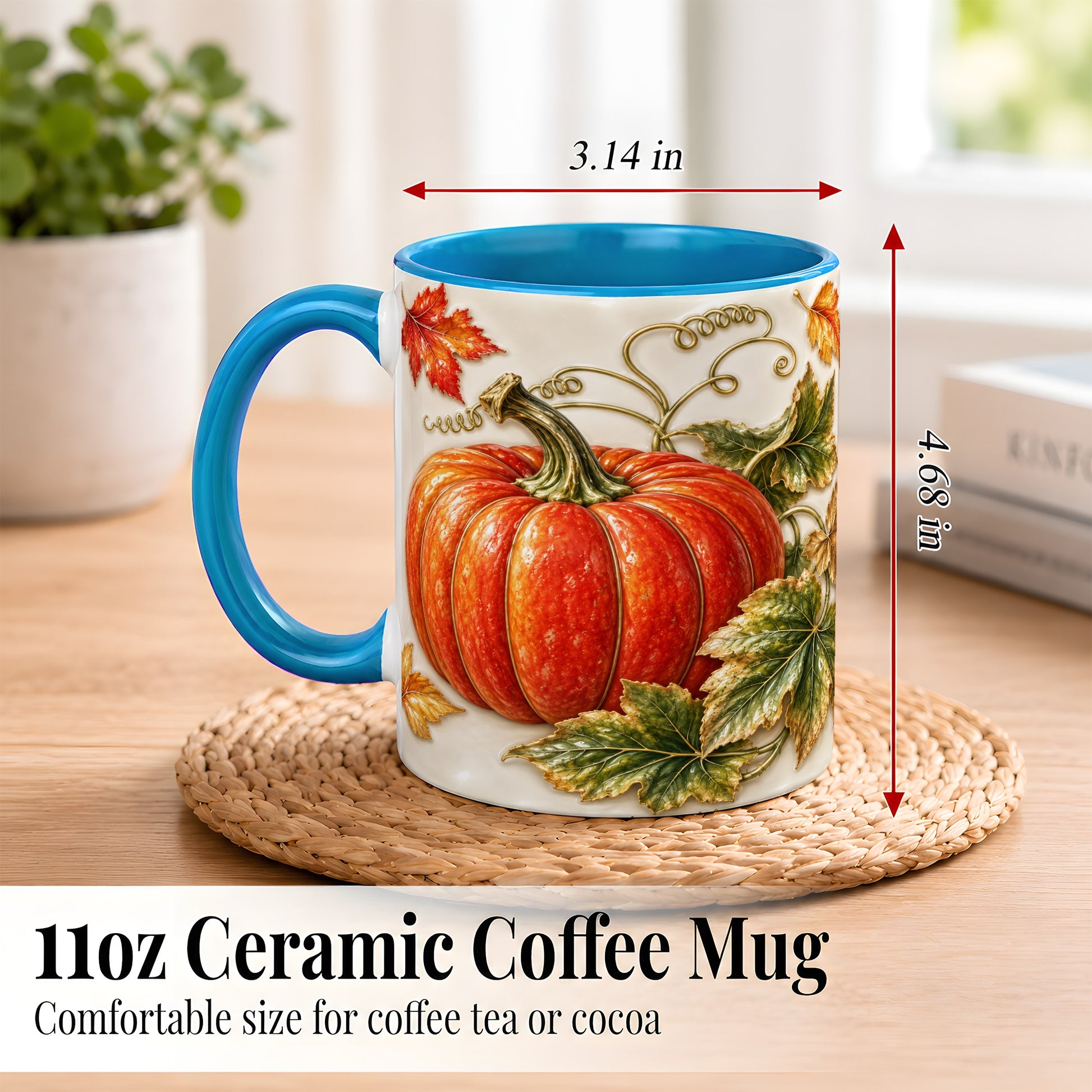 #pl[11oz|Blue] Autumn Pumpkin Coffee Mug, Fall Harvest Leaves Mug, Ceramic Cup Decor