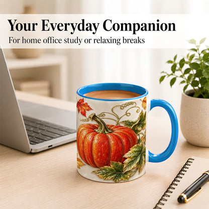 #pl[11oz|Blue] Autumn Pumpkin Coffee Mug, Fall Harvest Leaves Mug, Ceramic Cup Decor