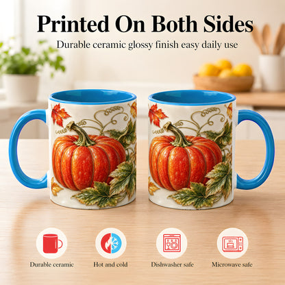#pl[11oz|Blue] Autumn Pumpkin Coffee Mug, Fall Harvest Leaves Mug, Ceramic Cup Decor