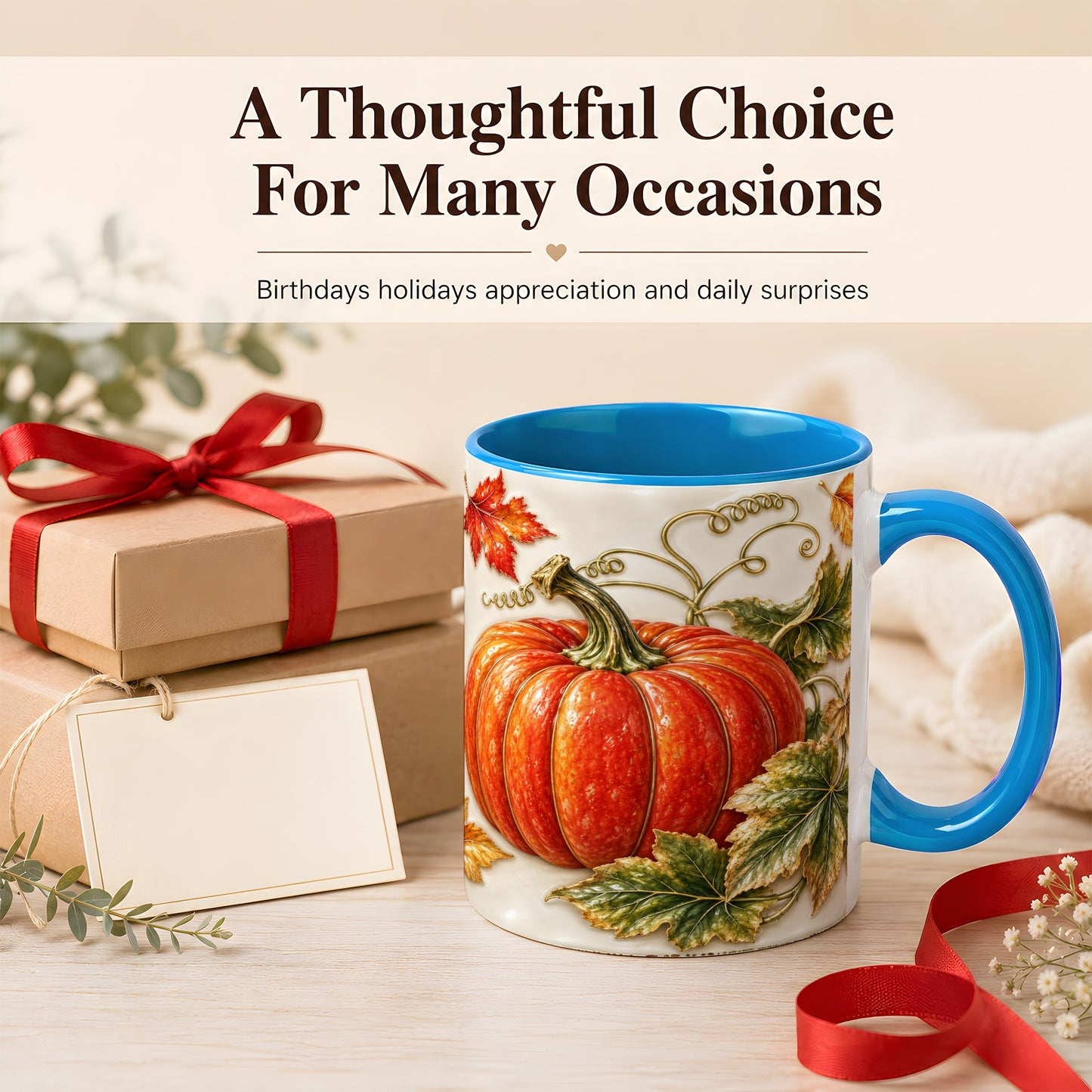 #pl[11oz|Blue] Autumn Pumpkin Coffee Mug, Fall Harvest Leaves Mug, Ceramic Cup Decor