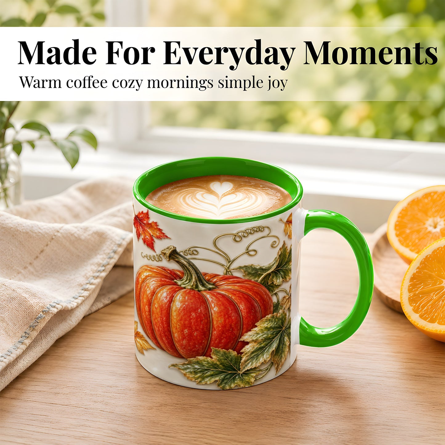 #pl[11oz|Green] Autumn Pumpkin Coffee Mug, Fall Harvest Leaves Mug, Ceramic Cup Decor