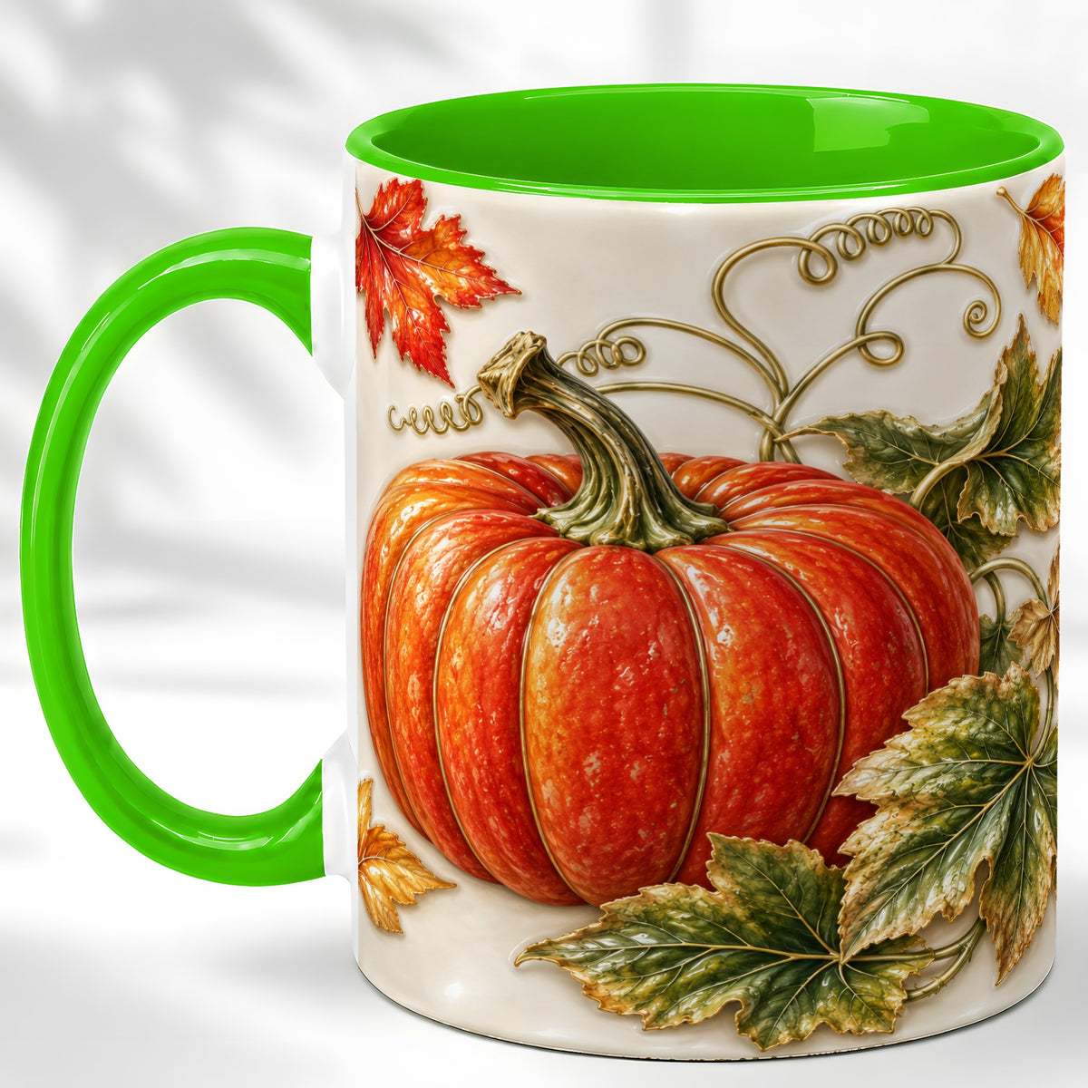 #pl[11oz|Green] Autumn Pumpkin Coffee Mug, Fall Harvest Leaves Mug, Ceramic Cup Decor