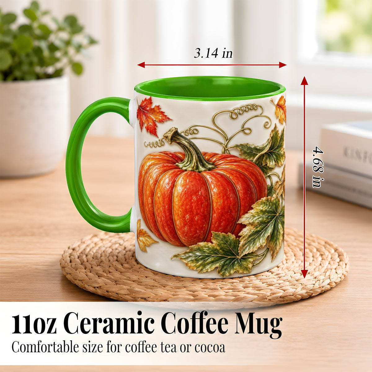 #pl[11oz|Green] Autumn Pumpkin Coffee Mug, Fall Harvest Leaves Mug, Ceramic Cup Decor