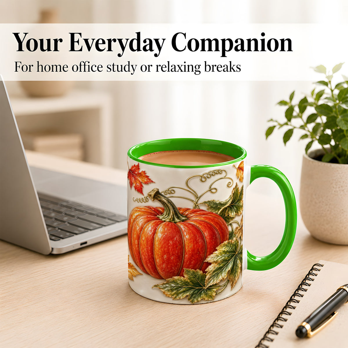 #pl[11oz|Green] Autumn Pumpkin Coffee Mug, Fall Harvest Leaves Mug, Ceramic Cup Decor