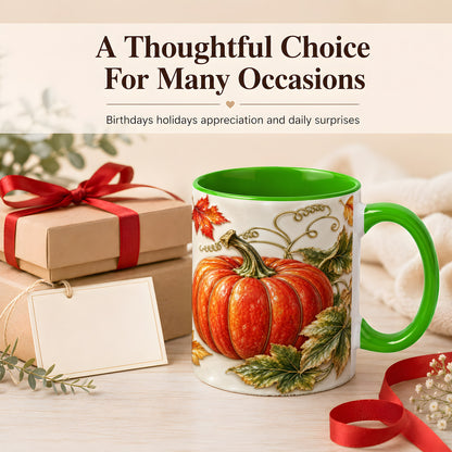 #pl[11oz|Green] Autumn Pumpkin Coffee Mug, Fall Harvest Leaves Mug, Ceramic Cup Decor