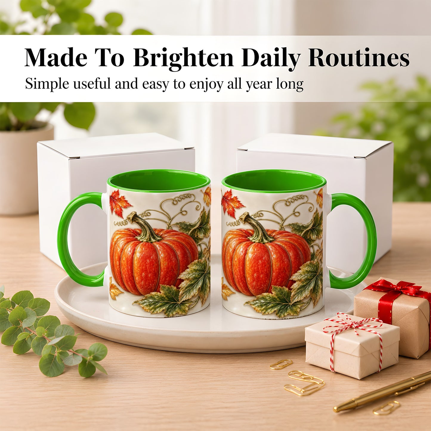 #pl[11oz|Green] Autumn Pumpkin Coffee Mug, Fall Harvest Leaves Mug, Ceramic Cup Decor