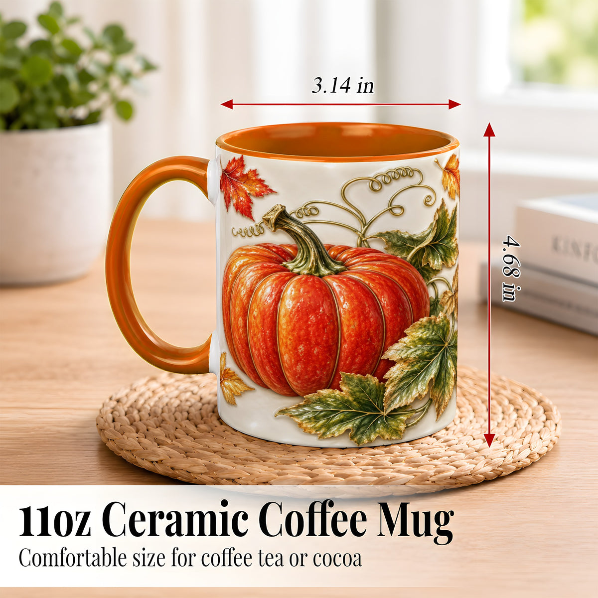 #pl[11oz|Orange] Autumn Pumpkin Coffee Mug, Fall Harvest Leaves Mug, Ceramic Cup Decor